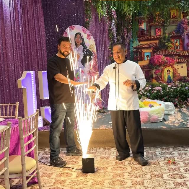 Indoor sparkler fountain during a Home Chef UK celebration